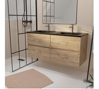 Meuble de salle de bains 120 cm 4 Tiroirs Chêne Naturel + Vasque Double Céramique Noire - TIMBER