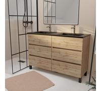 Meuble de salle de bains 120 cm 6 Tiroirs Chêne Naturel + Vasque Double Céramique Noire - TIMBER