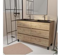 Meuble de salle de bains 120 cm 6 Tiroirs Chêne Naturel + Vasque Double Céramique Noire - TIMBER