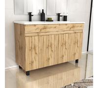 Meuble de salle de bains 120cm 4 Portes_Chêne Naturel + Vasque céramique blanche - TIMBER 120