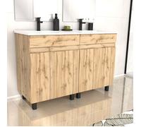 Meuble de salle de bains 120cm 4 Portes_Chêne Naturel + Vasque céramique blanche - TIMBER 120