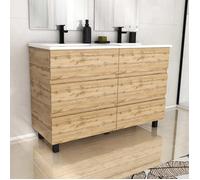 Meuble de salle de bains 120cm 6 Tiroirs_Chêne Naturel + Vasque céramique blanche - TIMBER 120