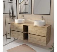 Meuble de Salle de Bains 140 TIMBER Décor Chêne 4 tiroirs et module - Vasques Blanches Ø36cm