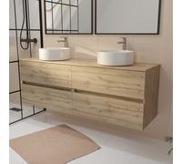 Meuble de salle de bains 160 TIMBER Décor Chêne - 4 Tiroirs - 2 Vasques Rondes Blanches