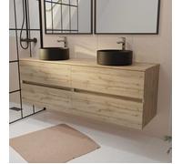 Meuble de salle de bains 160 TIMBER Décor Chêne - 4 Tiroirs - 2 Vasques Rondes Noires