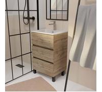 Meuble de salle de bains 50 cm TIMBER - Décor Chêne Naturel 3 tiroirs avec Vasque blanche