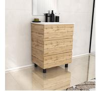Meuble de salle de bains 60cm 3 Tiroirs_Chêne Naturel + Vasque céramique blanche - TIMBER 60