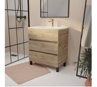 Meuble de salle de bains 70 cm TIMBER - Décor Chêne Naturel 3 tiroirs avec Vasque blanche