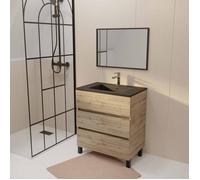 AURLANE Meuble de Salle de Bains 70 cm Timber - Décor Chêne Naturel 3 tiroirs avec Vasque Noire