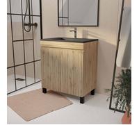 Meuble de salle de bains 70 cm TIMBER - Décor Chêne Naturel à portes avec Vasque noire