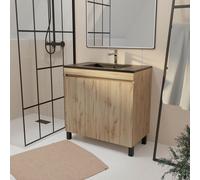 Meuble de salle de bains 80 cm 2 Portes Chêne Industriel + Vasque Céramique Noire - TIMBER