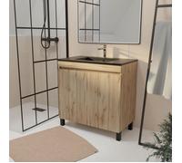 Meuble de salle de bains 80 cm 2 Portes Chêne Industriel + Vasque Céramique Noire - TIMBER