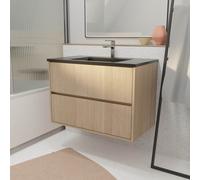 Meuble de salle de bains 80 cm 2 Tiroirs Chêne Clair + Vasque Céramique Noire - XENOS
