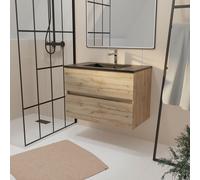 Meuble de salle de bains 80 cm 2 Tiroirs Chêne Naturel + Vasque Céramique Noire - TIMBER