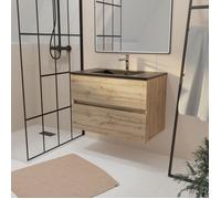 Meuble de salle de bains 80 cm 2 Tiroirs Chêne Naturel + Vasque Céramique Noire - TIMBER