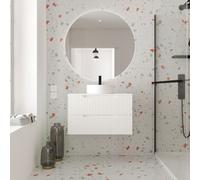 Meuble de Salle de Bains 80cm Blanc Neige - 2 Tiroirs en MDF Ondulés - Vasque Ronde Ø36cm