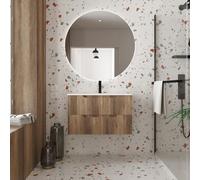 Meuble de Salle de Bains 80cm Décor Bois - 2 Tiroirs en MDF Ondulés - Vasque à encastrer Blanche