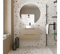 Meuble de Salle de Bains 80cm Marron Glace - 2 Tiroirs en MDF Ondulés - Vasque Ronde Ø36cm