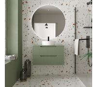 Meuble de Salle de Bains 80cm Vert Olive - 2 Tiroirs en MDF Ondulés - Vasque Ronde Ø36cm
