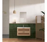 Meuble salle de bain cannage Apolline 60cm décor bois et cannage - 2 tiroirs, vasque et miroir