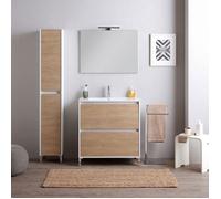 Kiamami Valentina - Meuble de Salle de Bains au Sol en chêne Naturel, avec 2 tiroirs, lavabo en céramique et Miroir 80x60 | Laguna