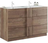 Meuble de salle de bains avec deux lavabos et trois tiroirs, collection FRASSI. Couleur en bois de chêne clair.
