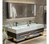 Meuble De Salle De Bains avec Lavabo, Meuble De Salle De Bain Suspendu avec Double Lavabo, Armoire À Miroir avec Lumière LEDBlack,160cm/63in