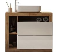 Meuble de salle de bains avec une vasque et 2 tiroirs, longueur 92 cm, collection BURA. Couleur blanc brillant et bois de chêne clair.