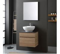 MEUBLE DE SALLE DE BAINS CHÊNE AVEC PLATEAU EN BOIS ANTHRACITE POUR LAVABO À POSER | SOLE