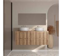 Meuble De Salle De Bains Leon 120cm Décor Bois - 4 Tiroirs En Mdf Ondules - Vasques Rondes 36cm