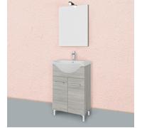MEUBLE DE SALLE DE BAINS SUR PIED 55CM 2 PORTES CHÊNE GRIS, LAVABO ET MIROIR | RIMINI