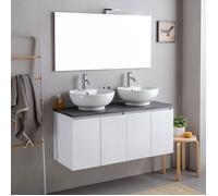 MEUBLE DE SALLE DE BAINS SUSPENDU 120CM BLANC BOIS AVEC PLATEAU ANTHRACITE ET MIROIR | BILBAO