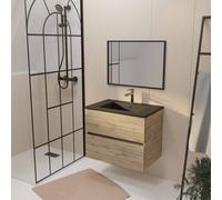 Meuble de salle de bains suspendu 70 cm TIMBER Décor Chêne 2 tiroirs Vasque noire et miroir 70x50