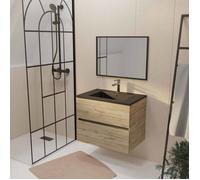 Meuble de salle de bains suspendu 70 cm TIMBER Décor Chêne 2 tiroirs Vasque noire et miroir 70x50