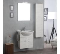 Meuble De Salle De Bains Suspendu Avec Armoire, Miroir Et Colonne En Chêne Blanc