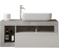 Meuble de salle de bains suspendu avec une vasque et 1 tiroir, longueur 92cm, collection BURA. Couleur : blanc brillant et béton.