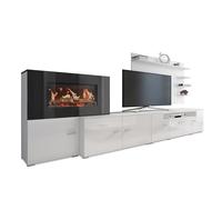Meuble De Salon Avec Cheminée Électrique, Finition Blanc Mat Et Laqué Blanc Brillant - Skraut Home Blanc