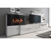 Meuble de salon Olympo avec cheminée électrique à 5 niveaux de flamme : Blanc et blanc brillant