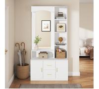 Meuble d'entrée 90 cm blanc multifonction - Rangement, porte-chaussures, miroir, 2 tiroirs, 2 portes, étagère