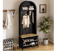 Meuble D'entrée Armoire Entrée Moderne Noir&Bois MDF - Étagères Chaussures, Crochets, Rangement Pratique Pieds Fer