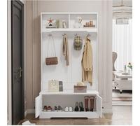 Meuble d'entrée avec 2 portes banquette 4 crochets et 2 niches ouvertes - 101 5×47×183 cm - blanc
