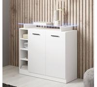 Meuble d'entrée avec 2 portes | Blanc brillant | Etagère en verre et lumière LED | L 97 x P 35 x H 87 cm | Modèle Paola 2P