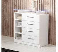 Meuble d'entrée avec 4 tiroirs | Blanc brillant | Etagère en verre et lumière LED | L 80 x P 35 x H 87,5 cm | Modèle Paola 4C