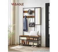 VASAGLE Meuble d’Entrée avec Crochets, Miroir, Banc et Étagère à Chaussures, Porte-Manteaux, Vestiaire, 35 x 98 x 180 cm, Couloir, Chambre, Style Industriel, Marron Rustique et Noir d'encre HSR415B01