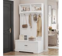 Meuble d'entrée blanc avec espace de rangement sous l'assise, rangement ouvert - porte manteau, porte manteau, meuble à chaussures