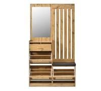 Meuble d'entrée bois naturel 99,5x26x180cm, armoire miroir, banc, rangement chaussures, crochets, ensemble compact vestibule