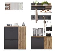 Meuble D'entrée Complet-Armoire-Commode-Miroir-2 Rangements Chaussures-Banc-Ensemble Multifonctionnel-Couleur Naturel
