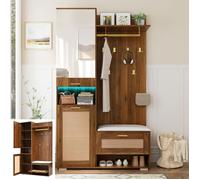 Meuble d'entrée en rotin vintage - Vestiaire d'entrée avec banc rembourré - Miroir intégré - 110x38x190 - Éclairage LED 16 couleurs