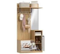 HOMCOM Meuble d'entrée 6 en 1, vestiaire d'entrée avec banc à chaussures rabattable, miroir, étagères, placard et patère, style moderne, porte-manteau pour couloir, chambre, salon, 80x36x168cm, chêne