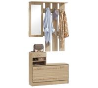 HOMCOM Ensembles 3 en 1 de Meuble d'entrée vestiaire avec Panneau Porte-Manteau, Miroir et Banc à Chaussures - 6 Crochets et étagère réglable, Effet Bois Naturel